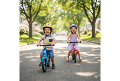 parent assisting baby boy with balance bikes