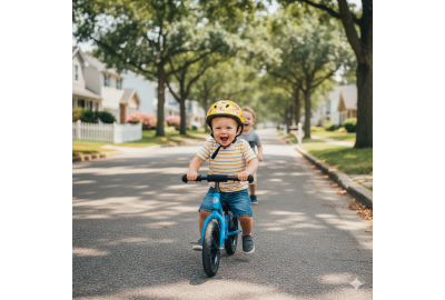 a baby boy riding a balance bike in the neighborhood