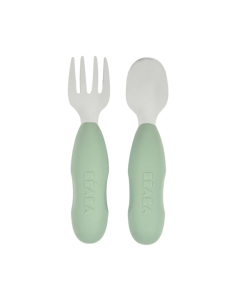 Beaba Fork & Spoon Stainless Steel Pre-Cutlery Sage Green