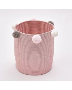 All 4 Kids Cotton Woven Storage Basket with Pom Poms - Pink