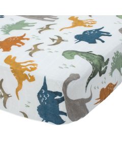 Little Unicorn Muslin Fitted Cot Sheet - Dino Friends