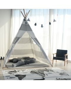 All 4 Kids Asher Cotton Canvas Kids Grey Stripe Square Teepee Tent