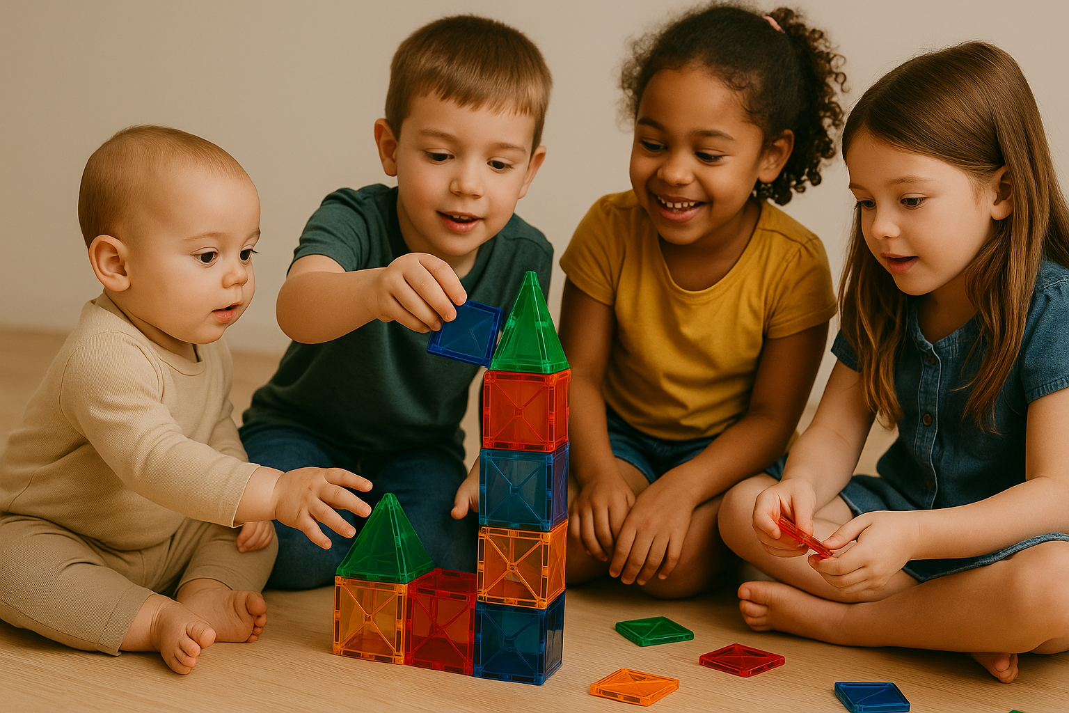 kids playing magnetic tiles with different ages