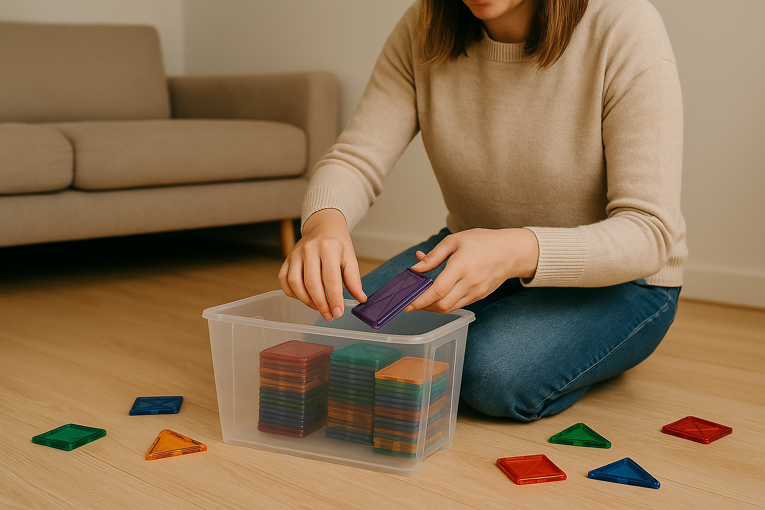 a mother fixing and organizing magnetic tile blocks on the home