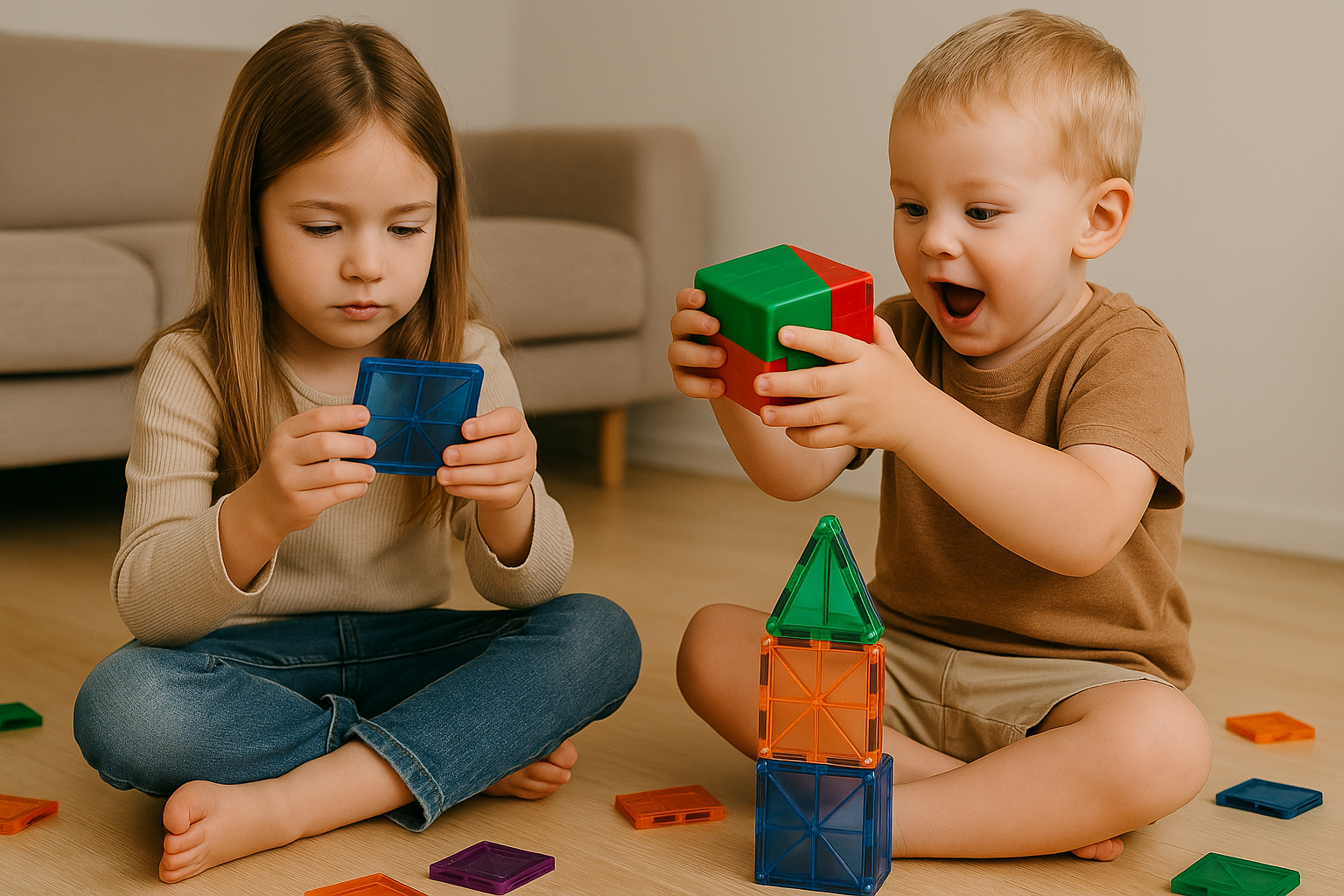 a sibbling boy and a girl playing magnetic tile blocks